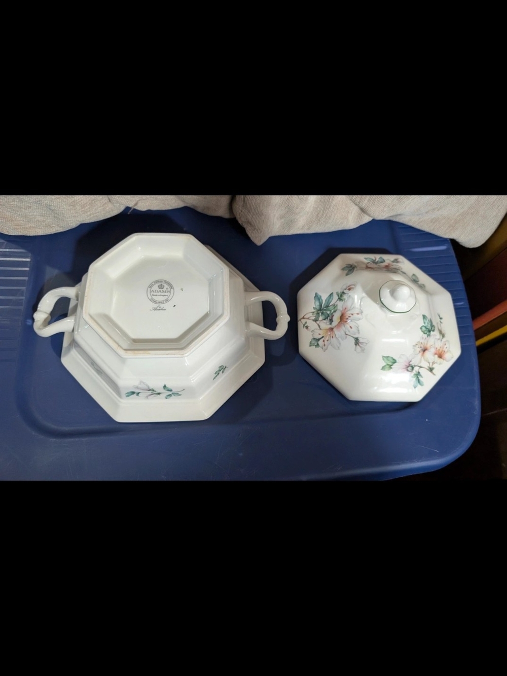 Adams Azalea Octagonal Covered Serving Dish in White, Pink & Green